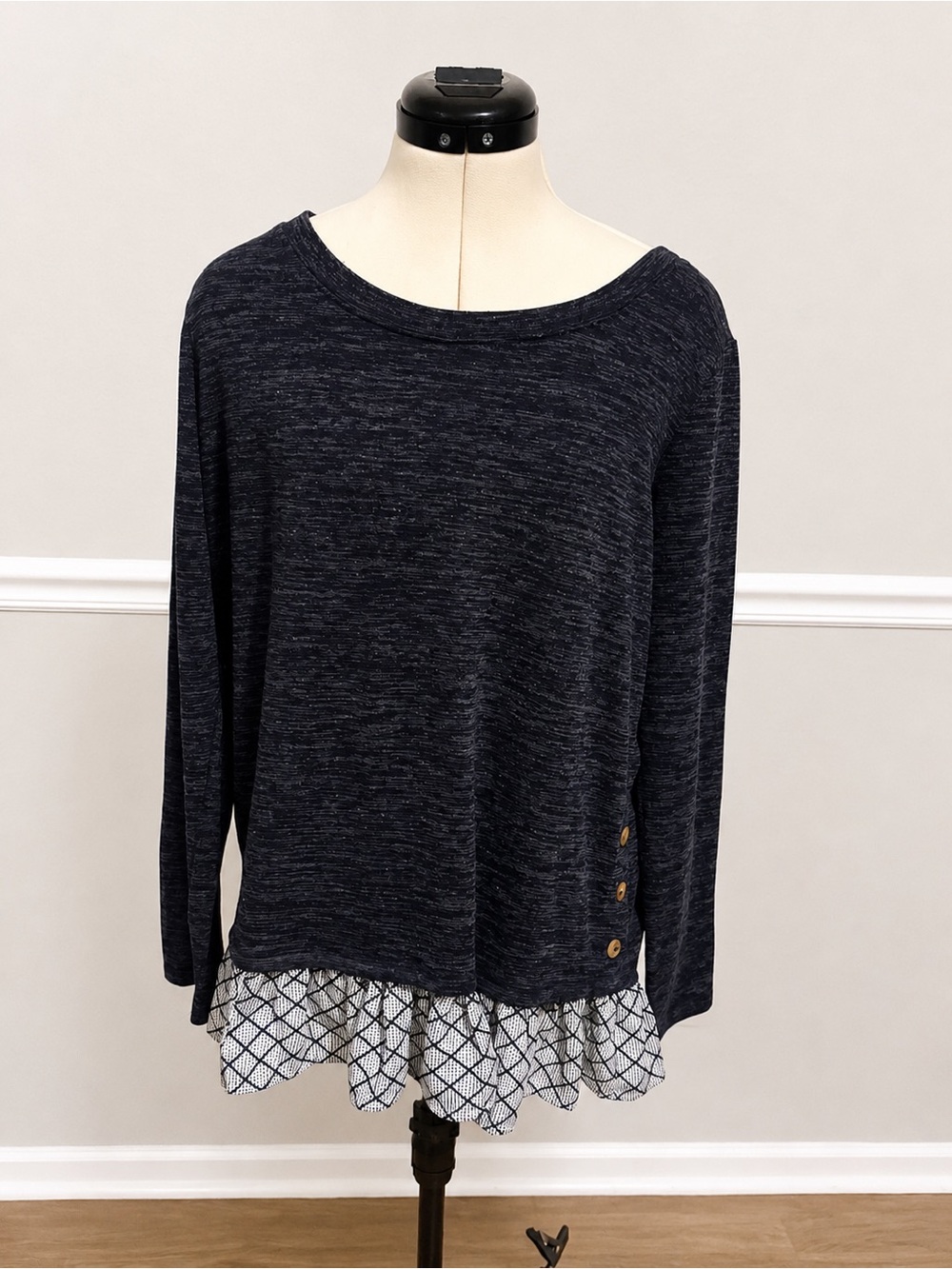 🍁Navy gray Ruffle-Hem Long Sleeve Top